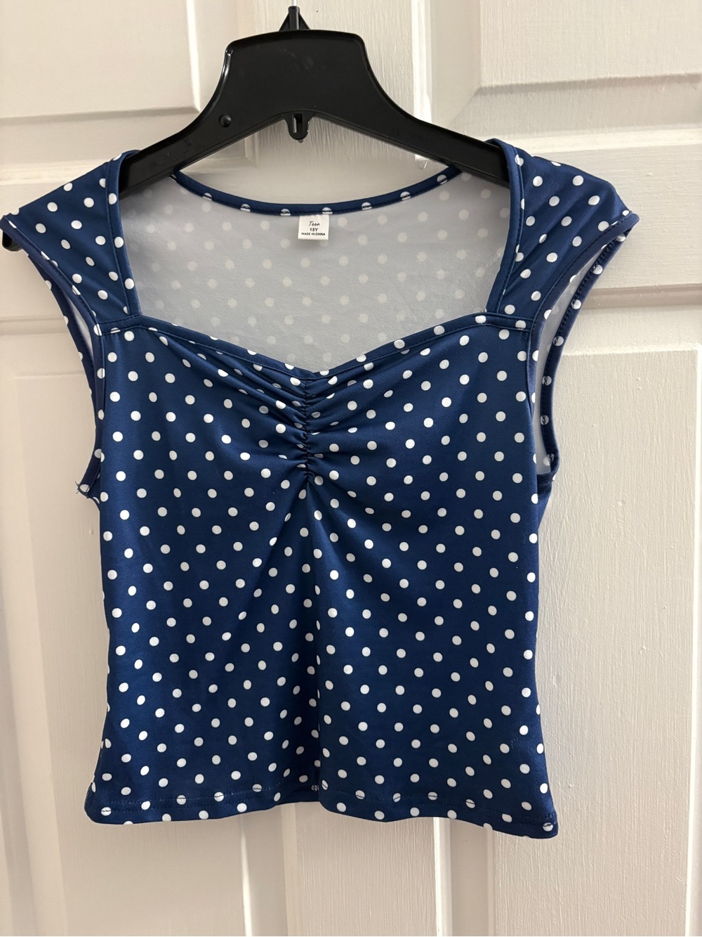 SHEIN Navy Blue Polka Dot Ruched Cap Sleeve Top
